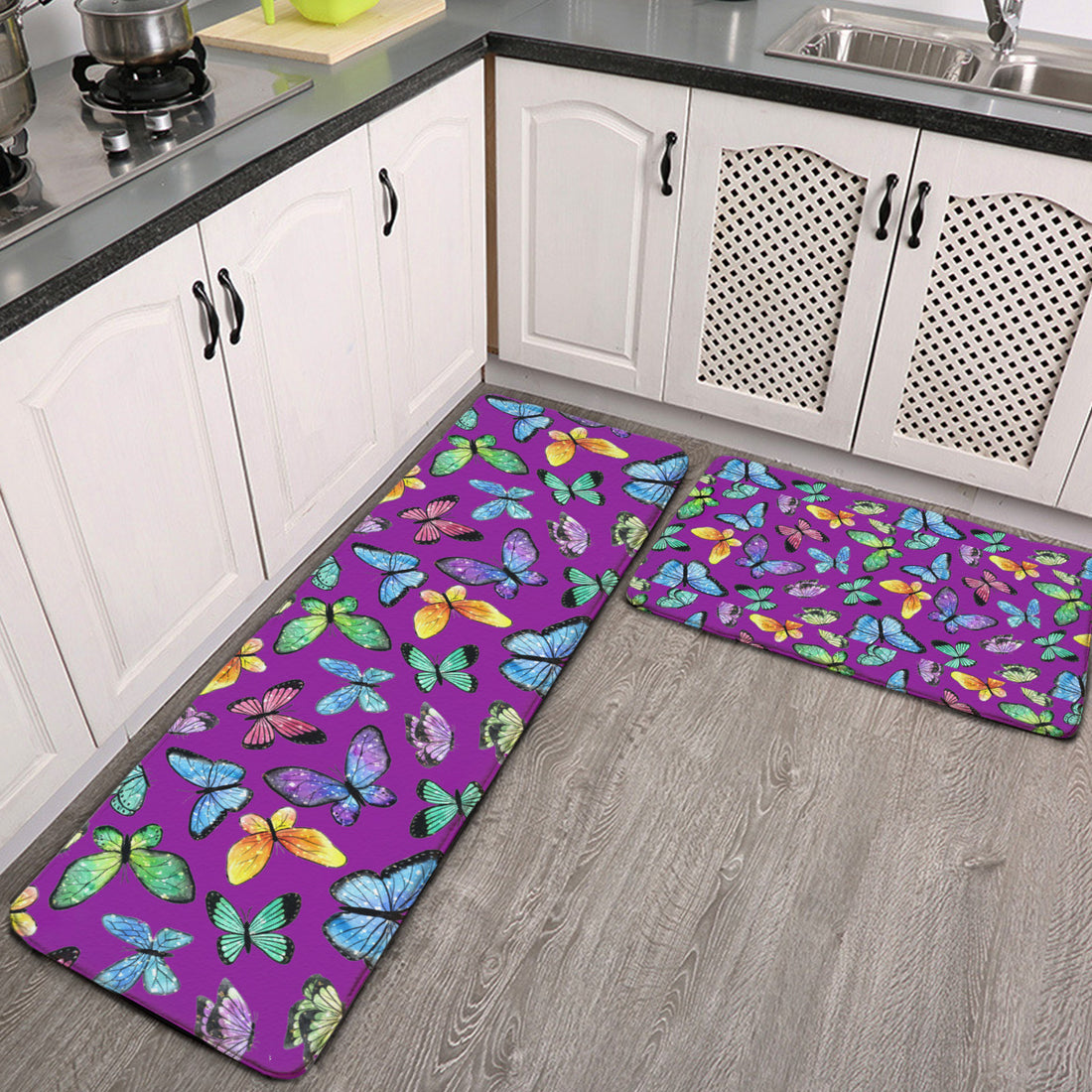 Two-piece L multifunctional kitchen mat butterflies | Flannel