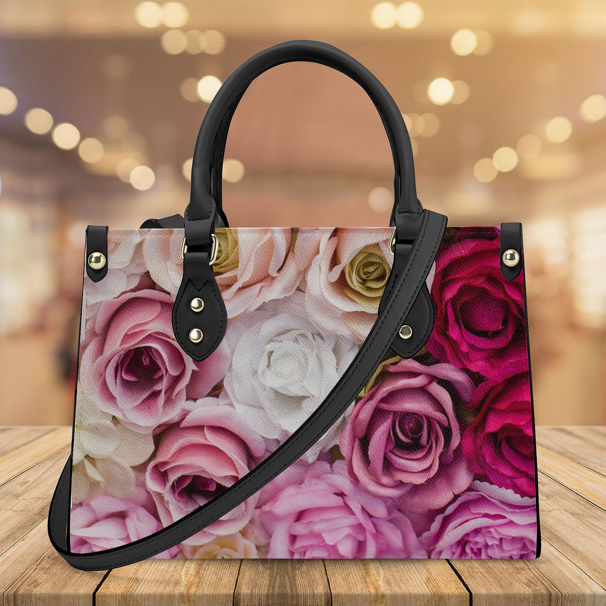 Luxury Women PU Tote Bag - Black with Roses