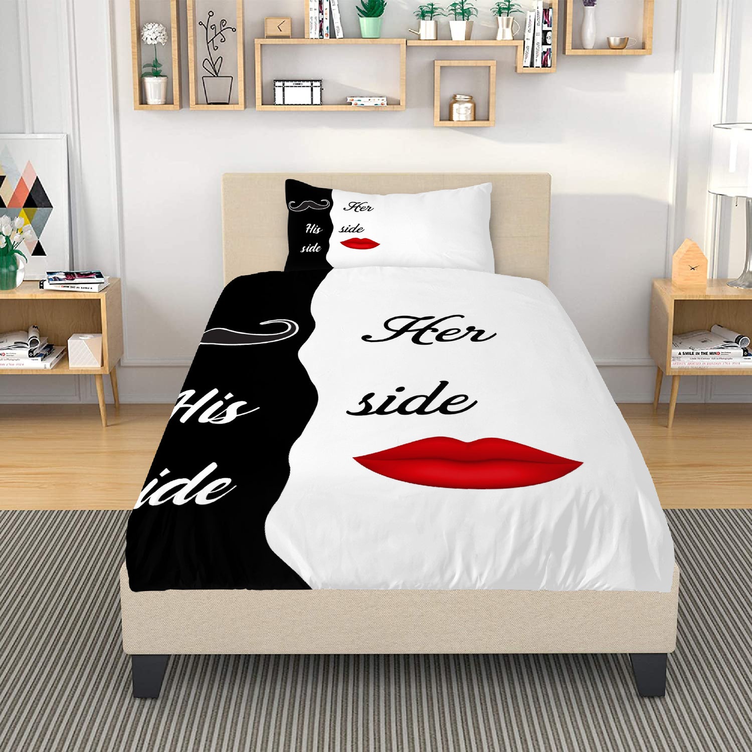 Bedding Her side, His side black and white funny decoration,lips and mustches