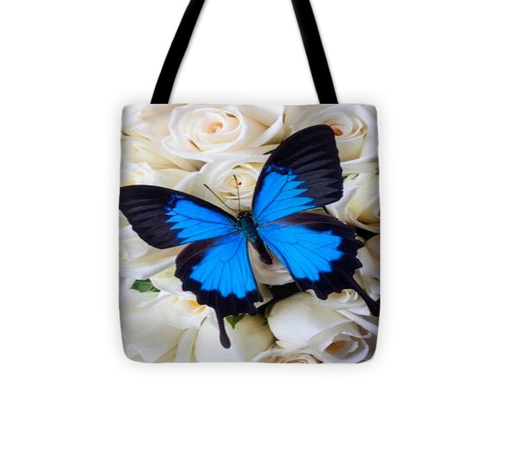 Blue Butterfly on white roses - Tote Bag Home-clothes-jewelry