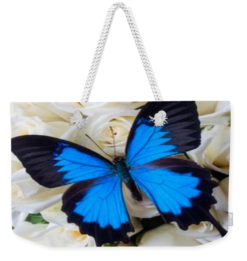 Blue Butterfly on white roses - Weekender Tote Bag Home-clothes-jewelry