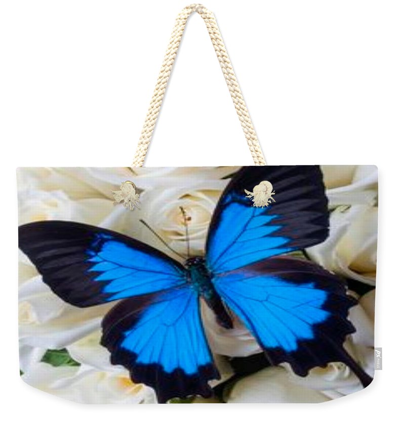 Blue Butterfly on white roses - Weekender Tote Bag Home-clothes-jewelry
