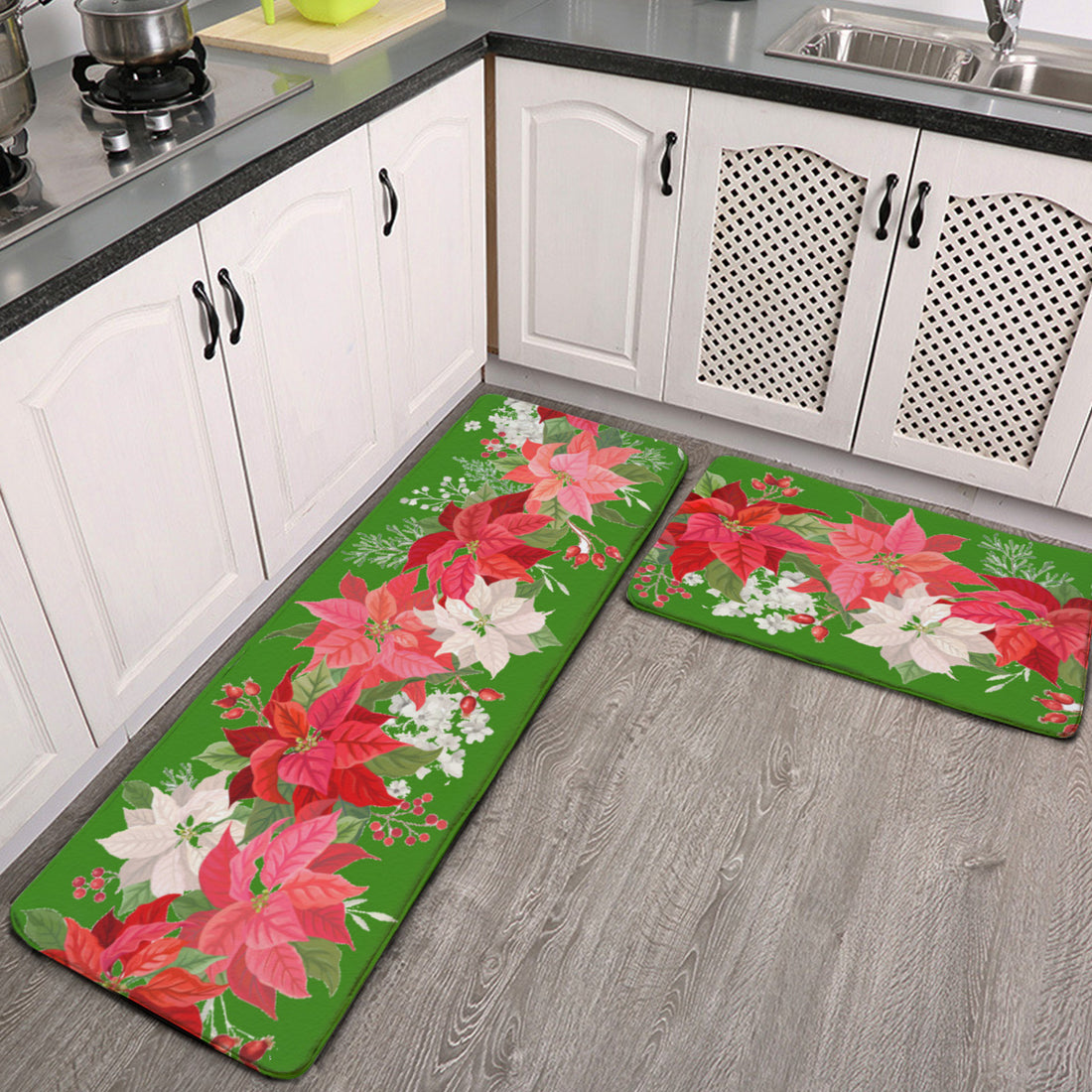 Non-slip two-piece M kitchen mat Flannel poinsettia Home-clothes-jewelry