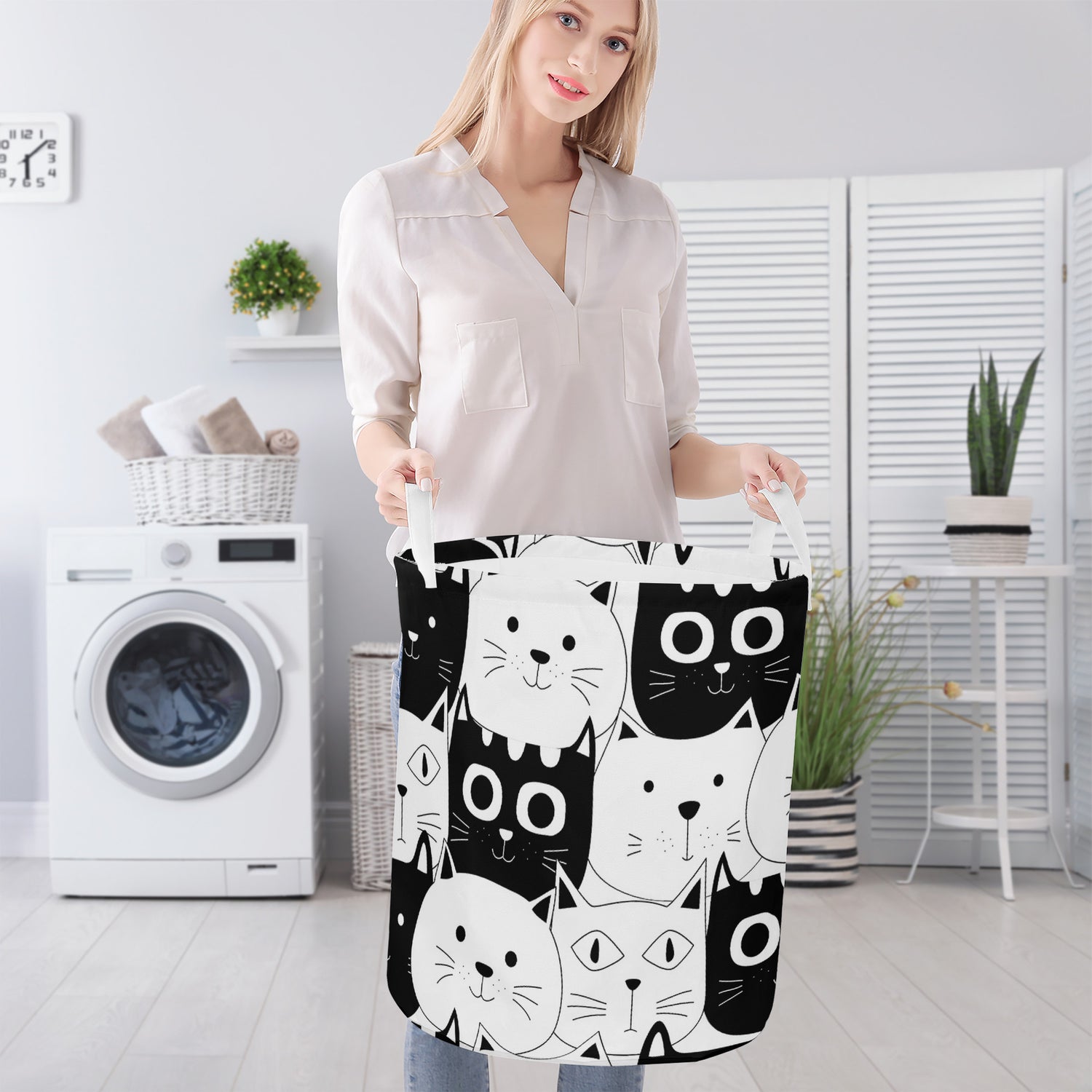Round Laundry Basket Cats Black White Home-clothes-jewelry