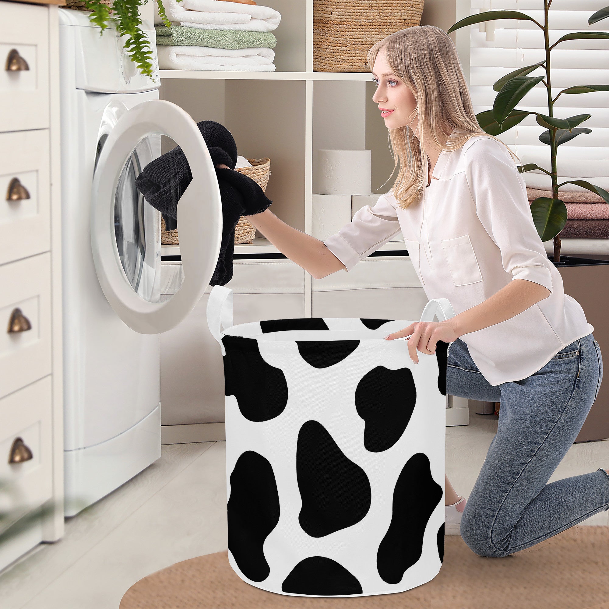 Round Laundry Basket Cow print black and white Home-clothes-jewelry