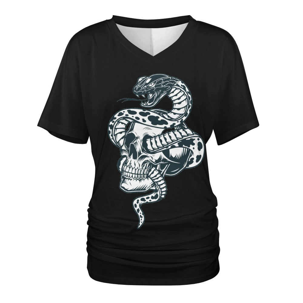 V-neck pleated T-shirt Skull and Snake Home-clothes-jewelry